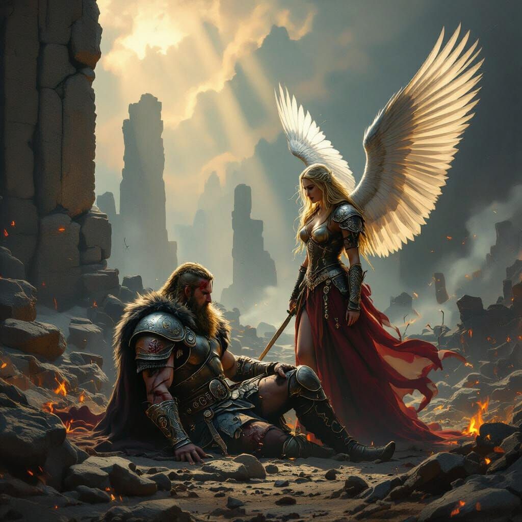 Viking Warrior Falls Before Majestic Valkyrie in Mythic Scen...