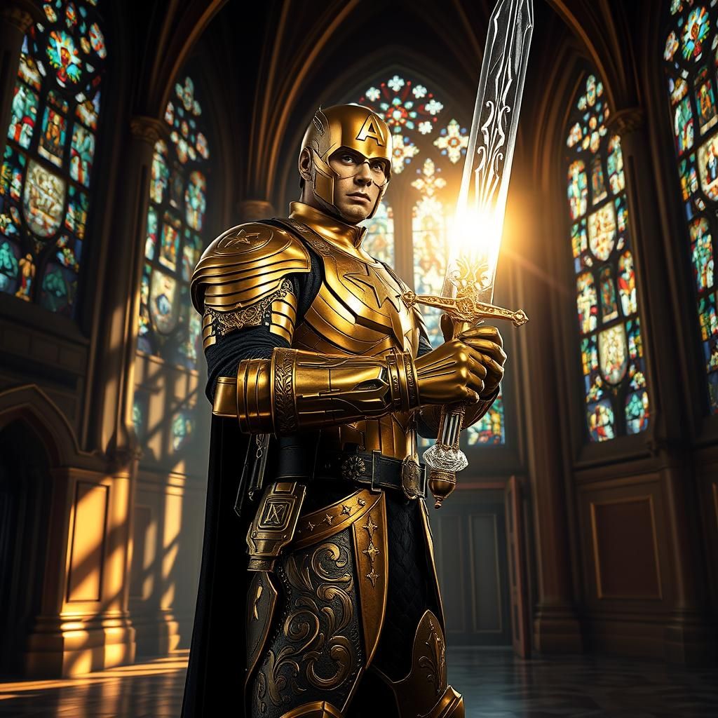 Captain America in Gold Armor With Crystal Excalibur