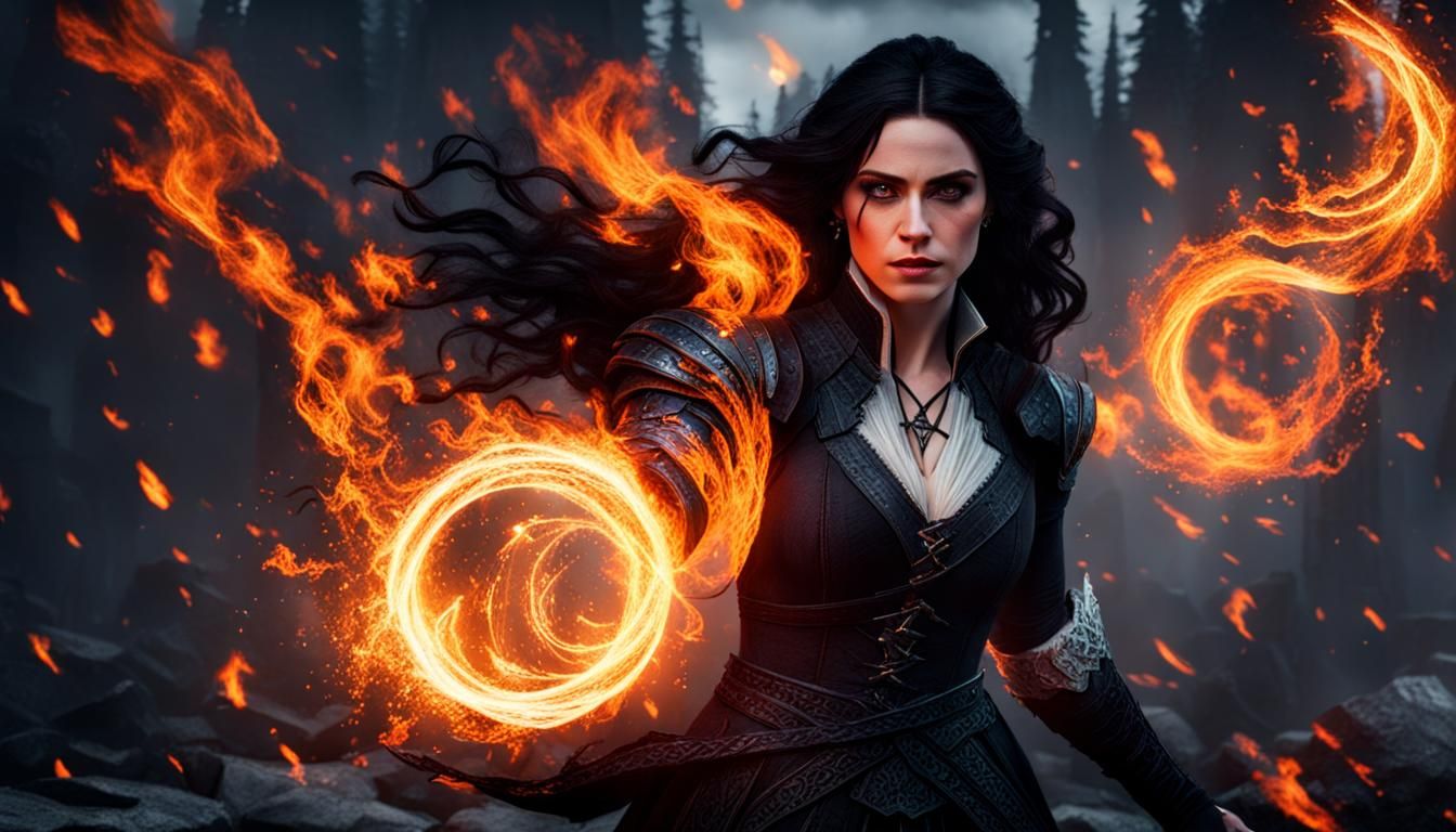Sorceress Yennefer Channels Fire Magic on Battlefield