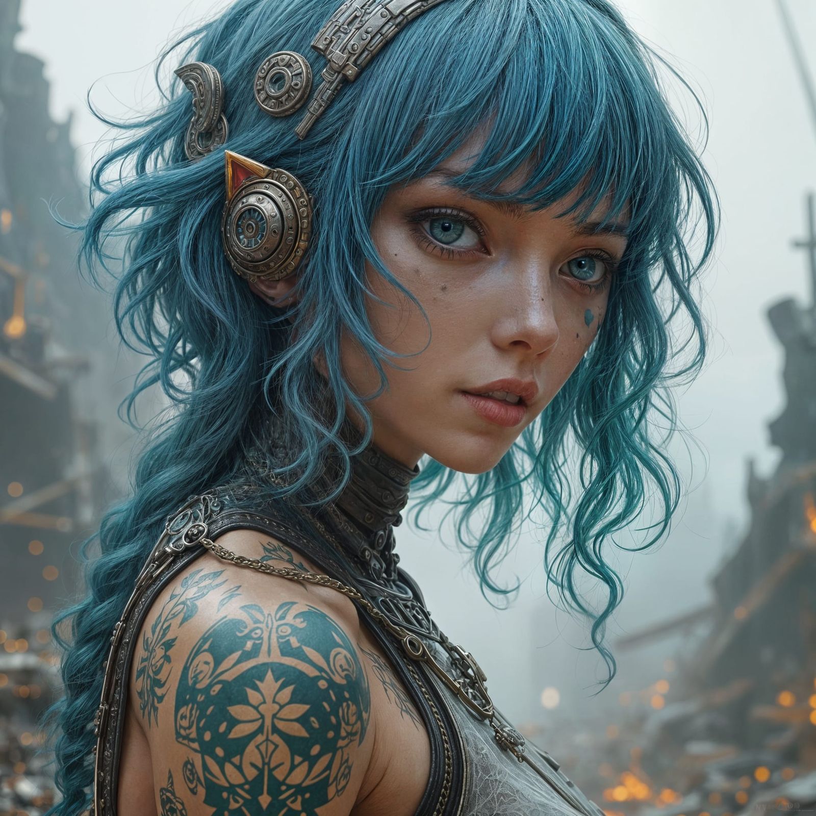 Android Goddess Amidst Cosmic Ruin in Cyberpunk Fantasy