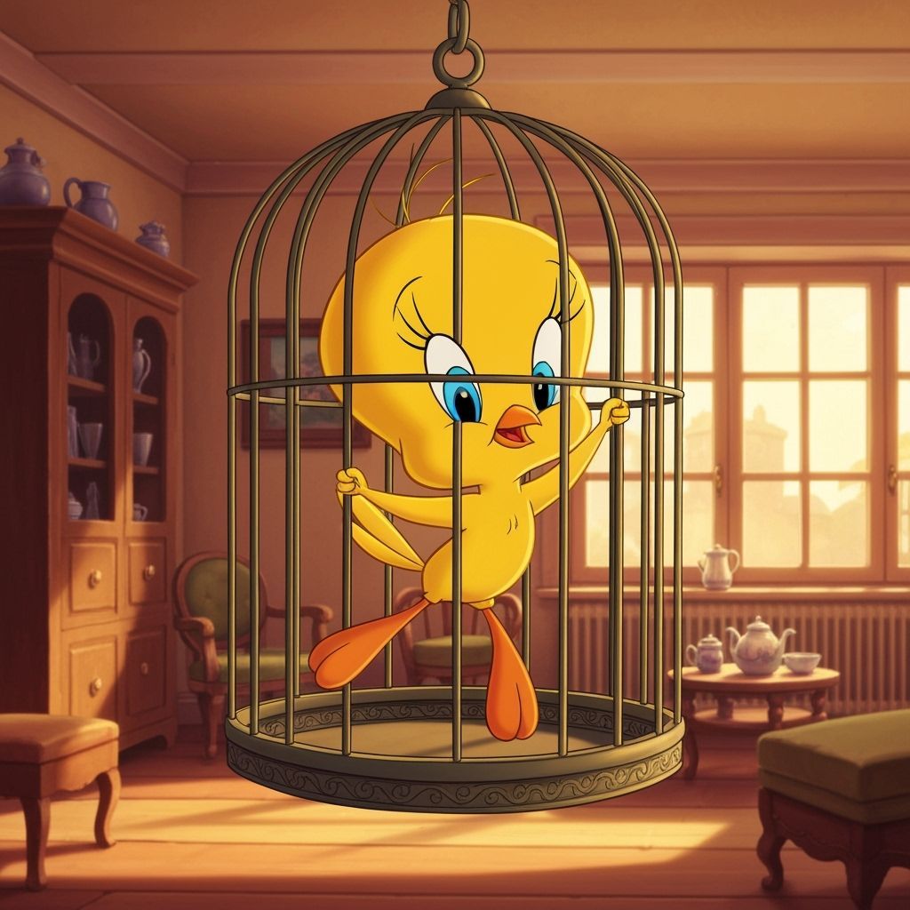 Tweety Bird Swings Playfully in Granny's Cozy House