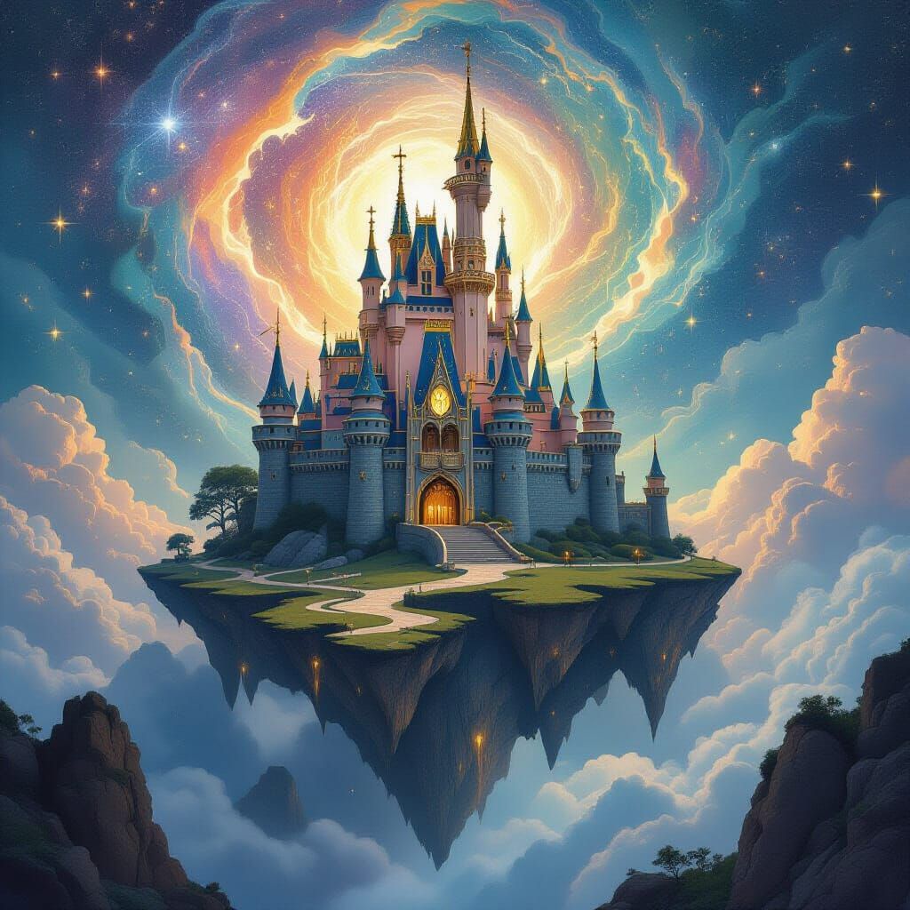 Majestic Castle on Floating Island in Cosmic Nebula