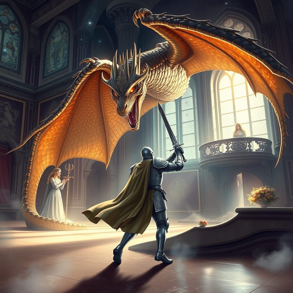 Regal Knight in a Grand Castle, Saving a Princess from a Cel...