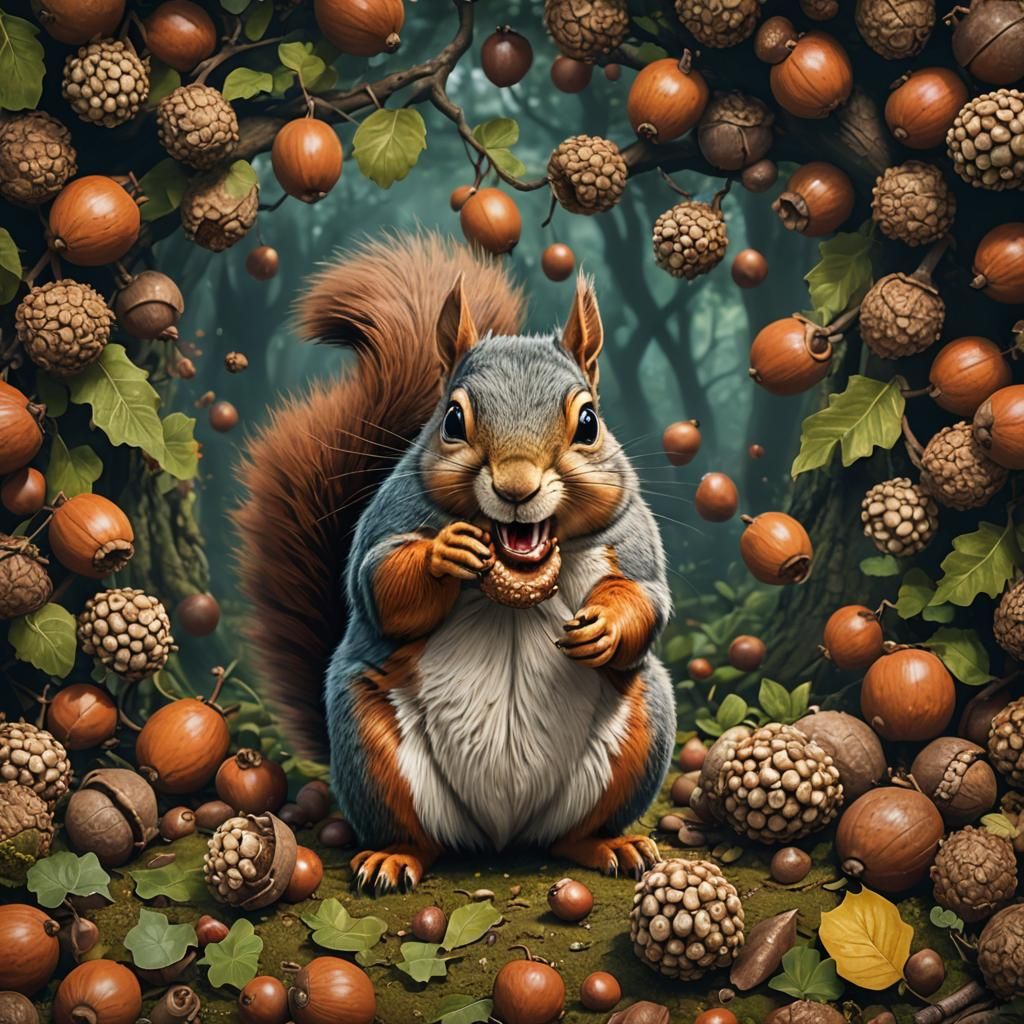 Fat Squirrel with Acorns: Detailed Matte Painting