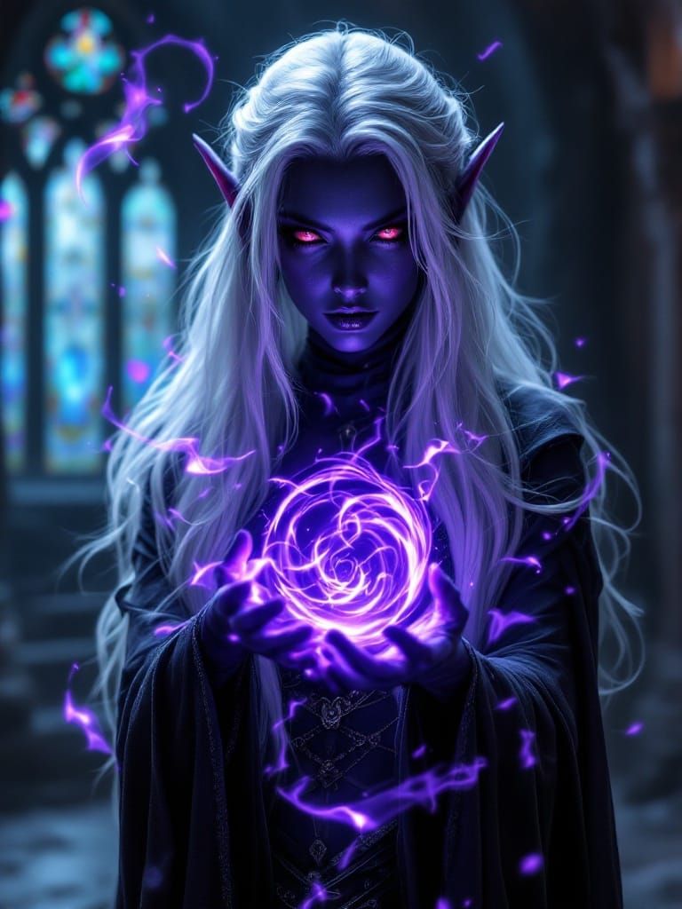 Ethereal Dark Elf Sorceress in Cinematic Portraiture