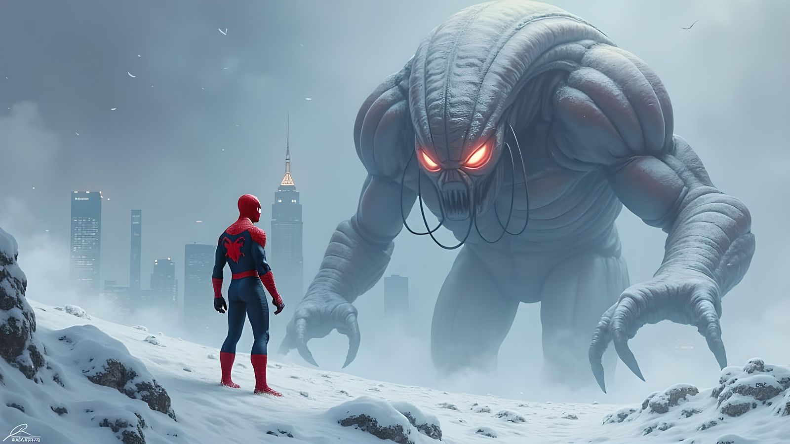 Spiderman Battles Alien Invader in Snowy Terrain
