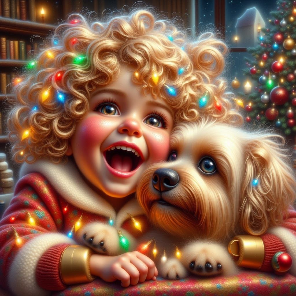 Child Tangled in Holiday Lights with Dog