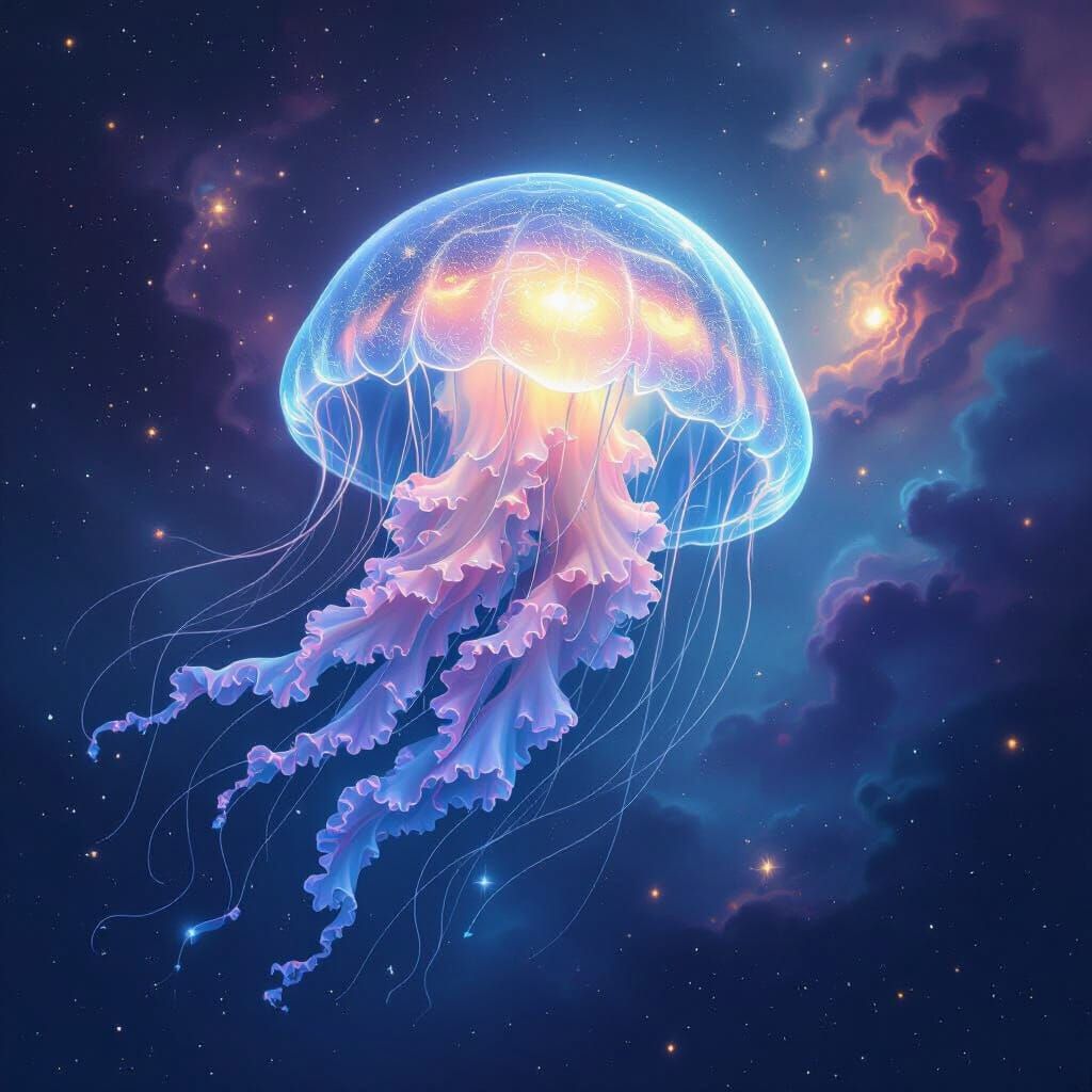 Bioluminescent Jellyfish Drifting Through Cosmic Nebula
