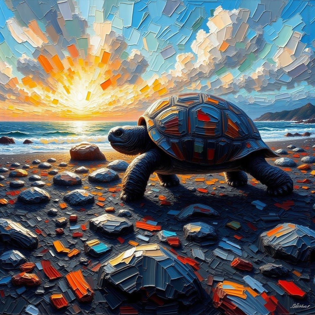 Giant Tortoise on Lava Ground Impasto Painting