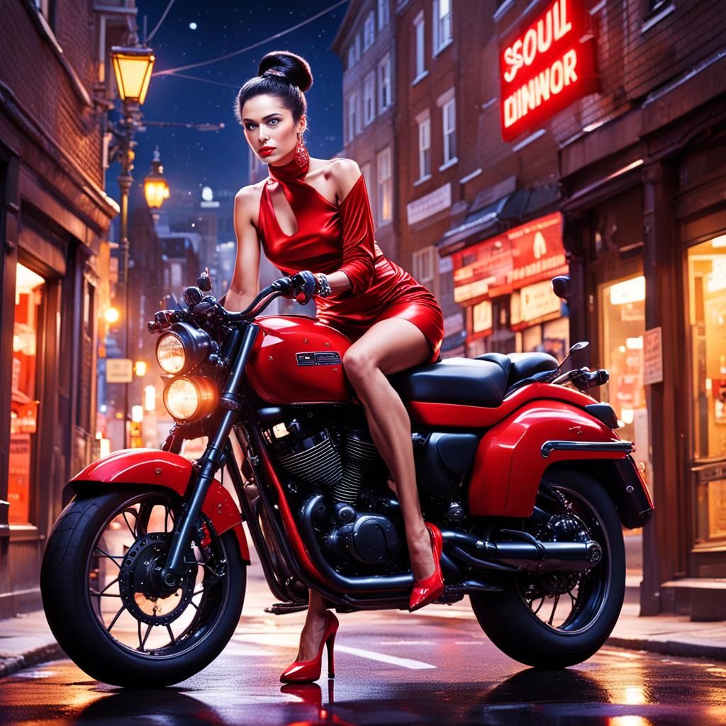Glamorous Supermodel on Scarlet Motorcycle