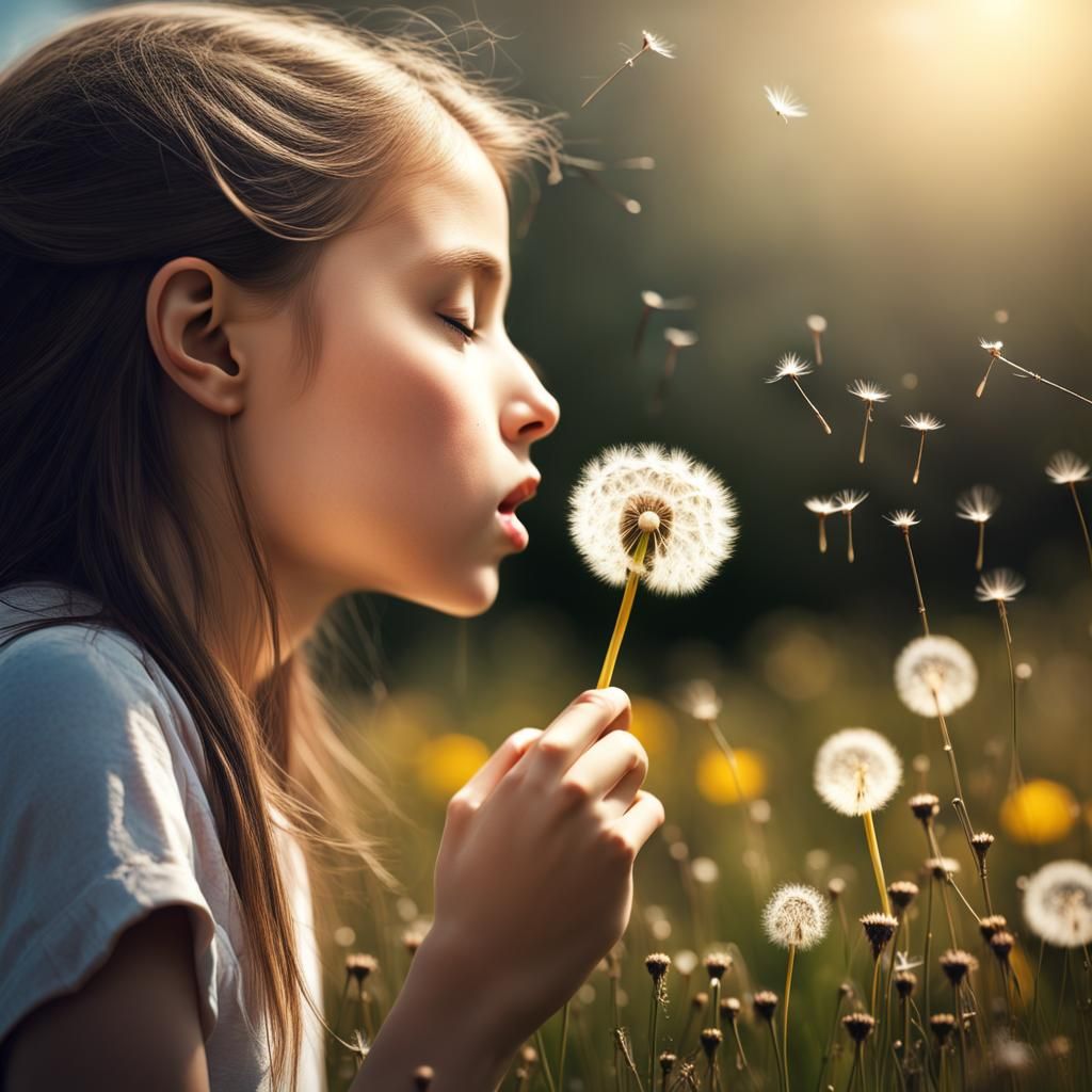 Girl Blowing Dandelion in Hyperrealistic Style