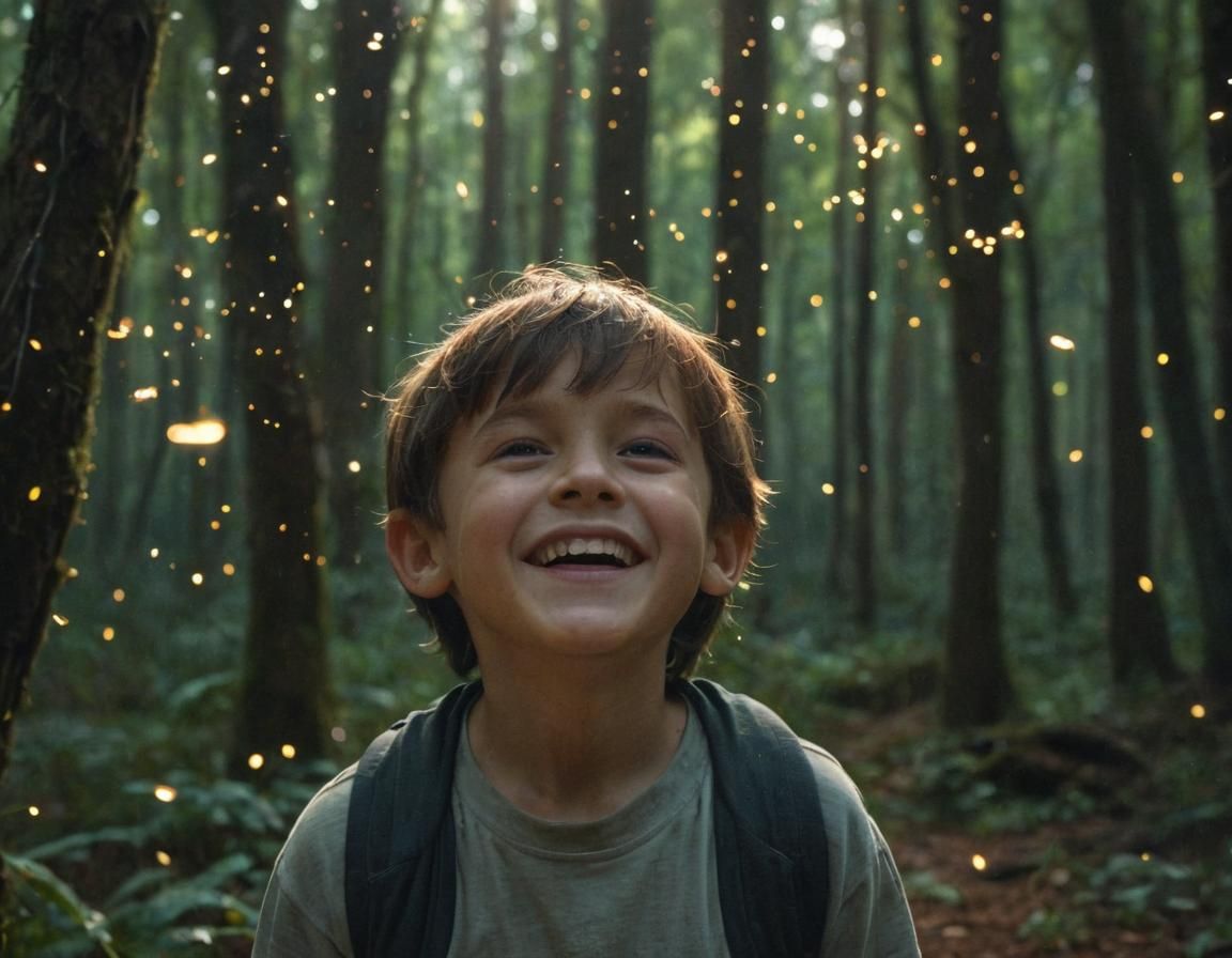Boy Laughing at Fireflies in Dreamlike Surrealism