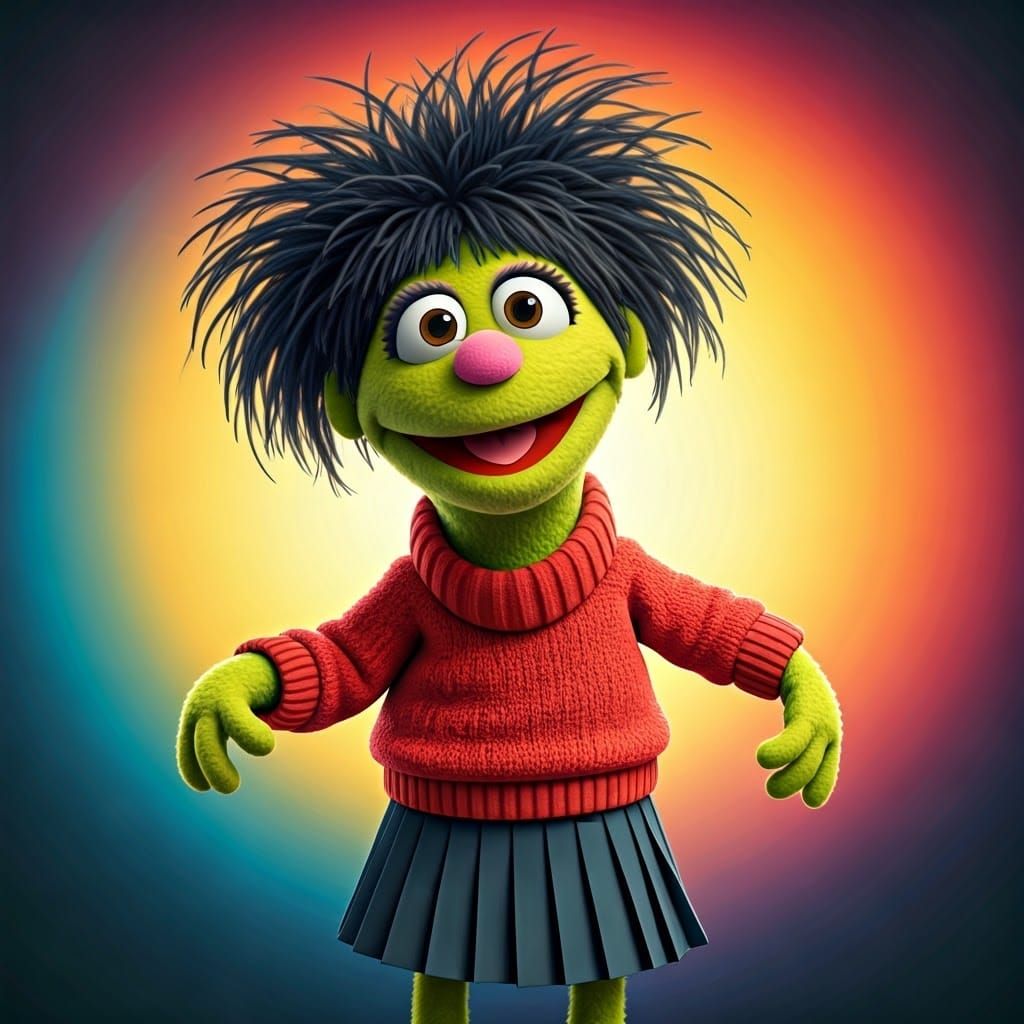 Friendly Lime Green Muppet with Vibrant Red Outfit