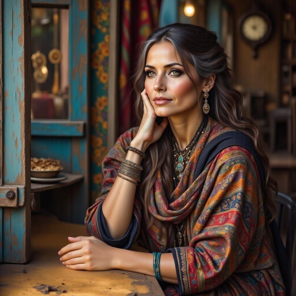 Bohemian Gypsy Woman Portrait in Bold Colors