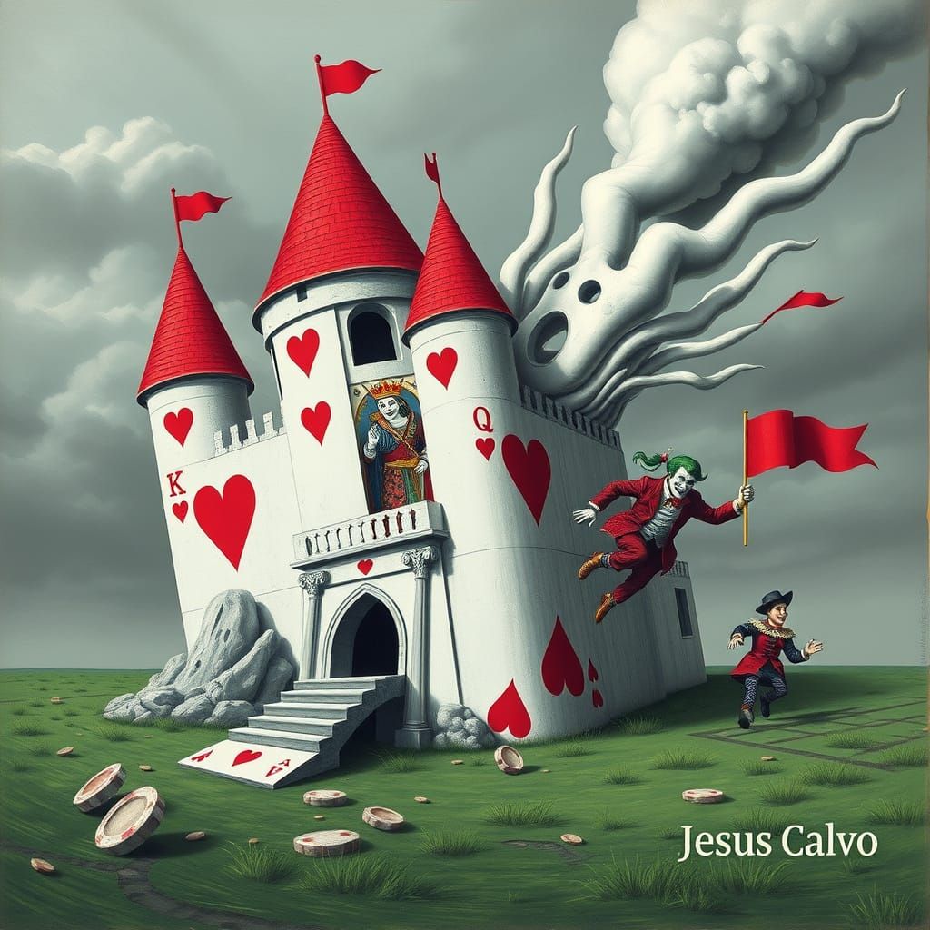 Surreal Card Castle Collapse: Hearts and Joker Escape