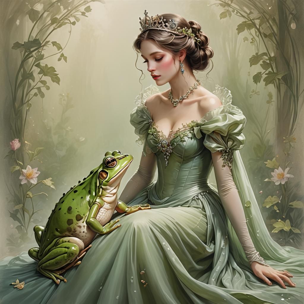 Princess Kisses Frog Prince in Diaphanous Gown