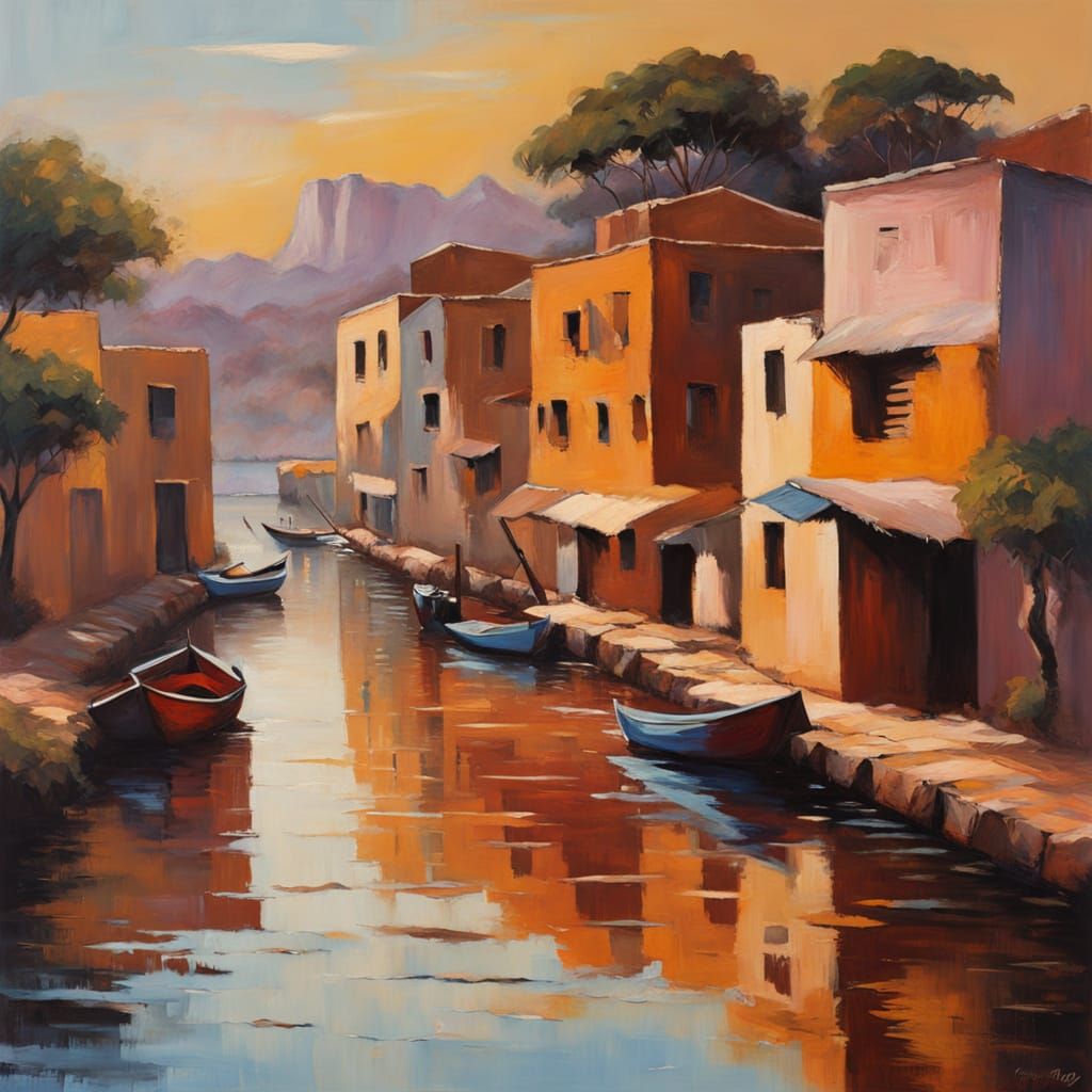 African Coastal Town at Sunset in Neo-Impressionist Style