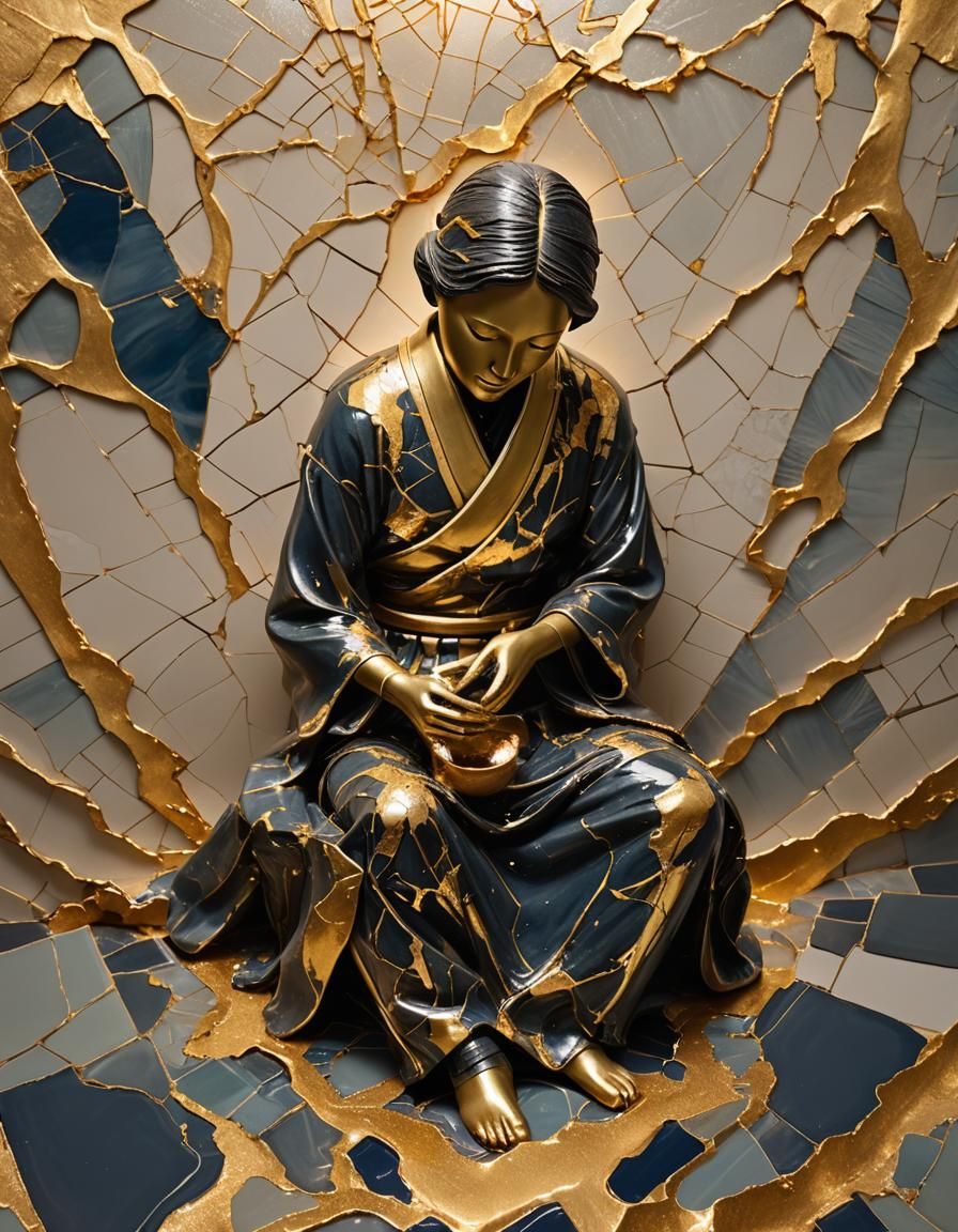 Abstract Kintsugi Art: Healing with Golden Light
