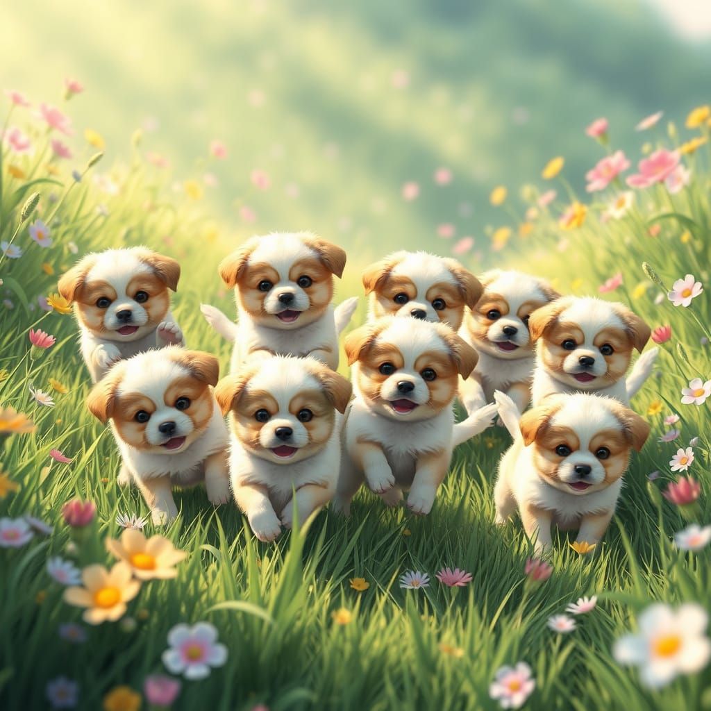 Cute Puppies Frolic in Vibrant Field of Flowers