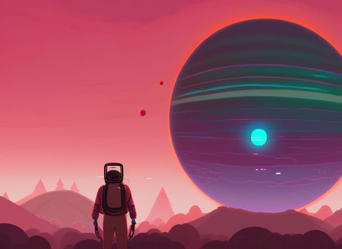 Panoramic Sunset Concept Art with Planets