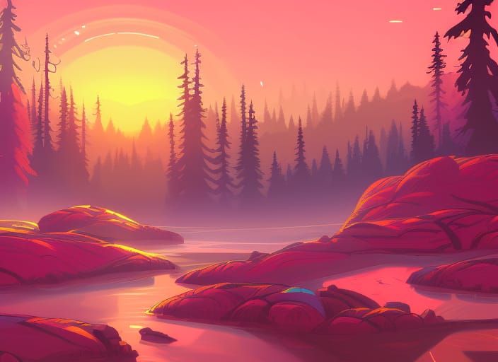 Sunset Over Forest as Photorealistic Concept Art