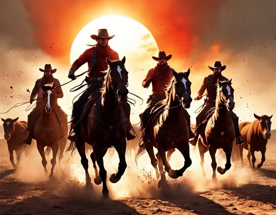 Four Horsemen Cowboys Galloping in Dramatic Sunset