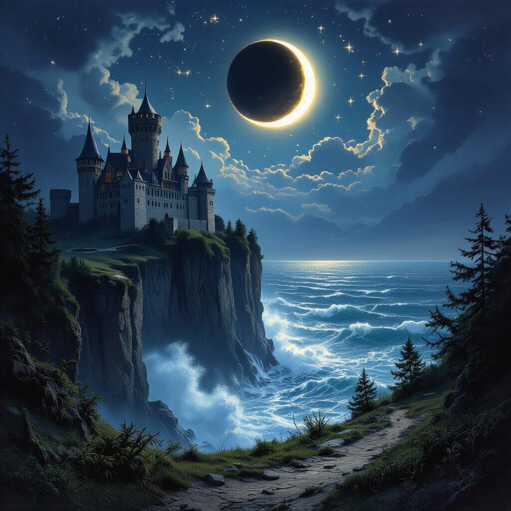 Majestic Castle on Cliff Under Eclipsed Moon
