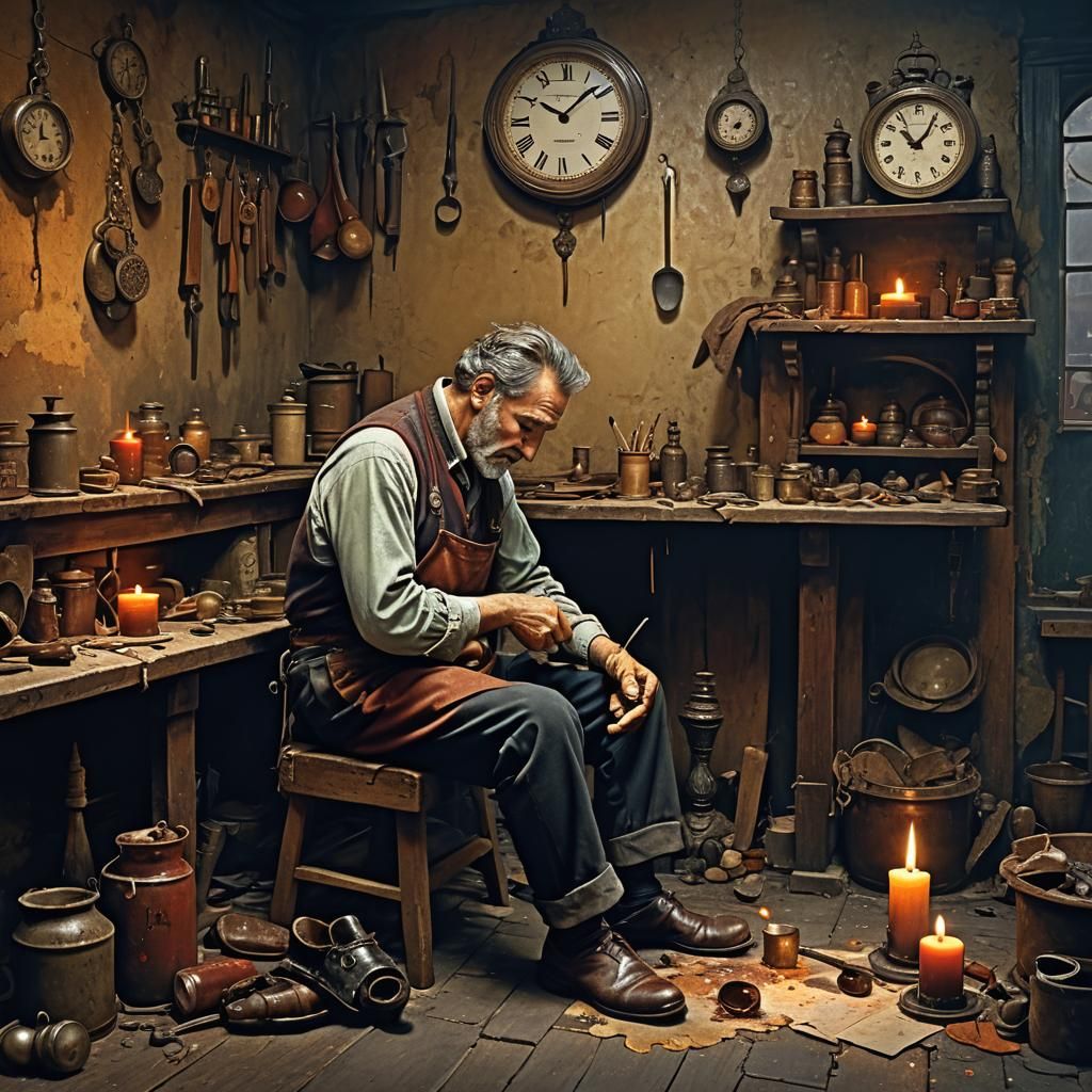 Cobbler Mending Shoes by Candlelight: Detailed Matte Paintin...