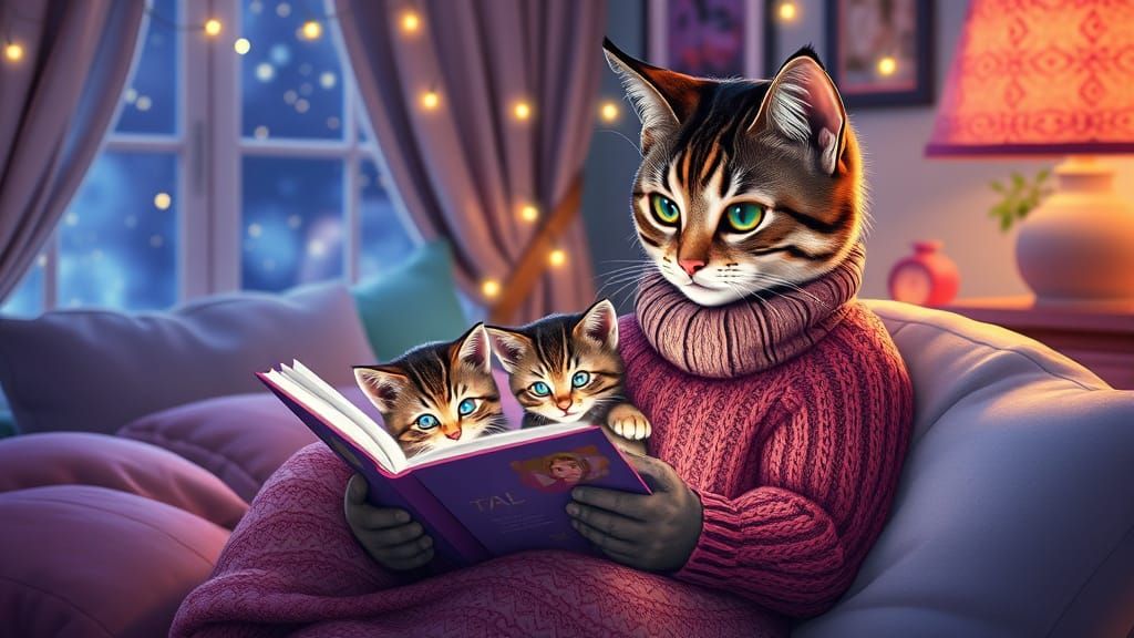 Whimsical Tabby Cat Mom Reads Bedtime Story to Kittens in En...