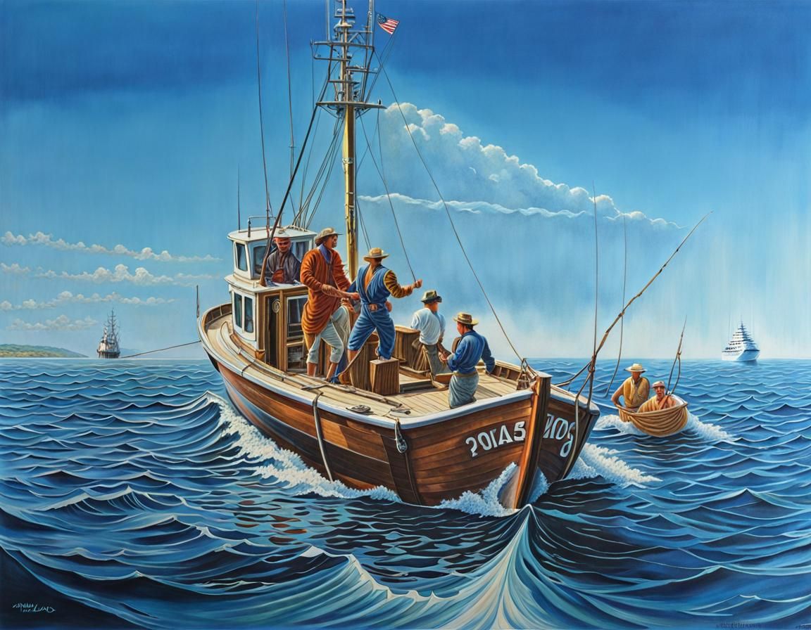 Fishing Boat at Sea: A Colorful Pencil Drawing
