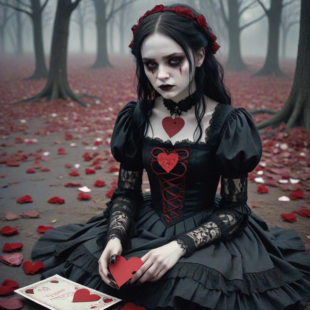 Goth Girl's Sad Valentine's Day in Dark Fantasy Style