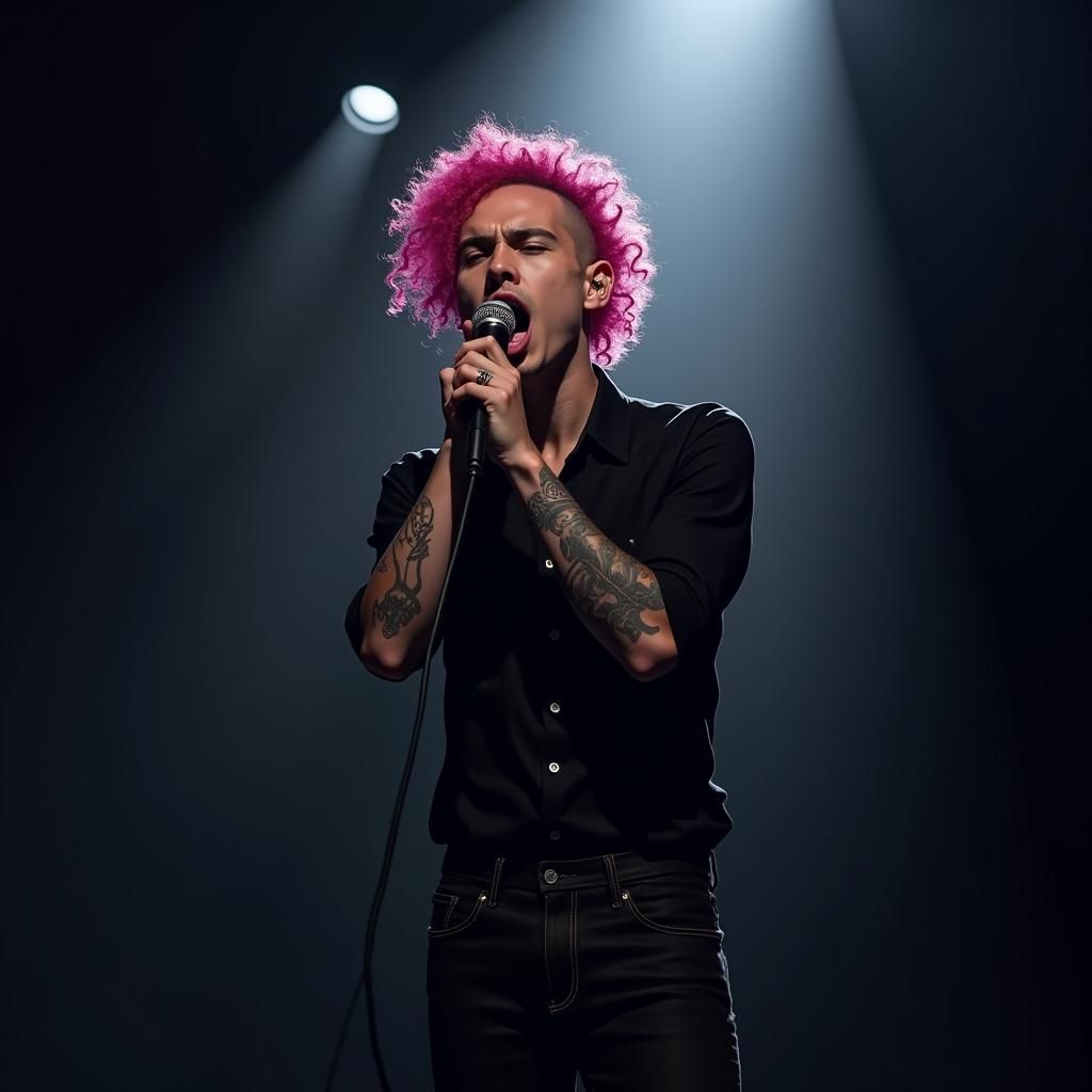Hyperrealistic Singer Screaming Under Spotlight