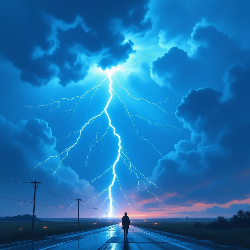 Storm Unleashes Blue Lightning, Dystopian Digital Art