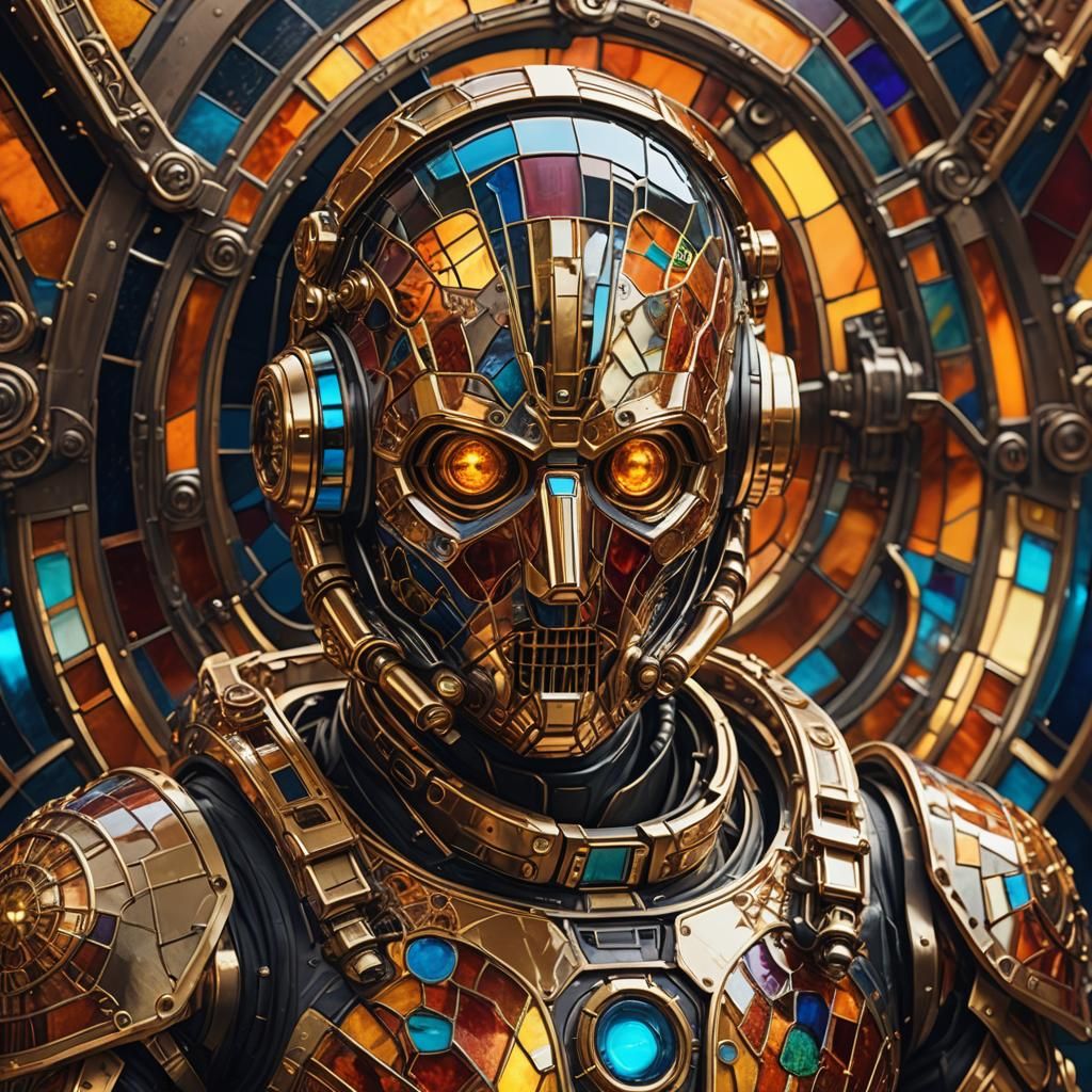 Biomechanical Astronaut in Stained Glass Mask, Retrofuturism