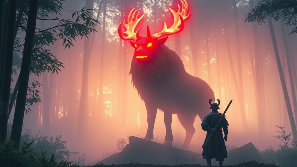 Giant Deer Spirit with Glowing Antlers in Dreamy Landscape