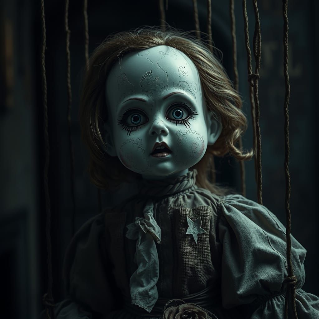Haunted Victorian Doll Puppet in Eerie Darkness
