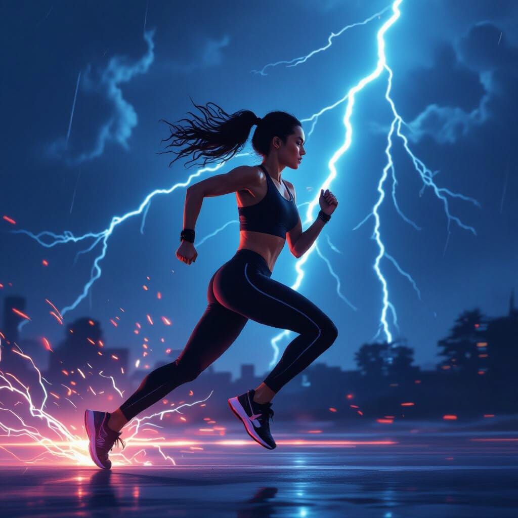 Woman Runs at Midnight in Futuristic Digital Art