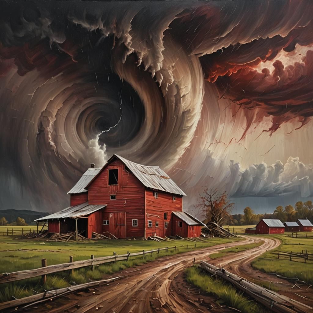 Tornado Devastates Barn in Baroque Oil Painting