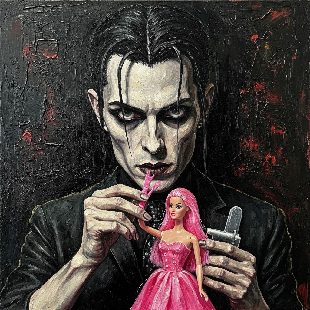 Goth Man Poses With Barbie Doll In Impasto Painting Style