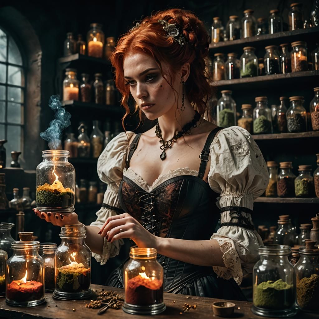 Woman Alchemist in Studio with Cinematic Lighting