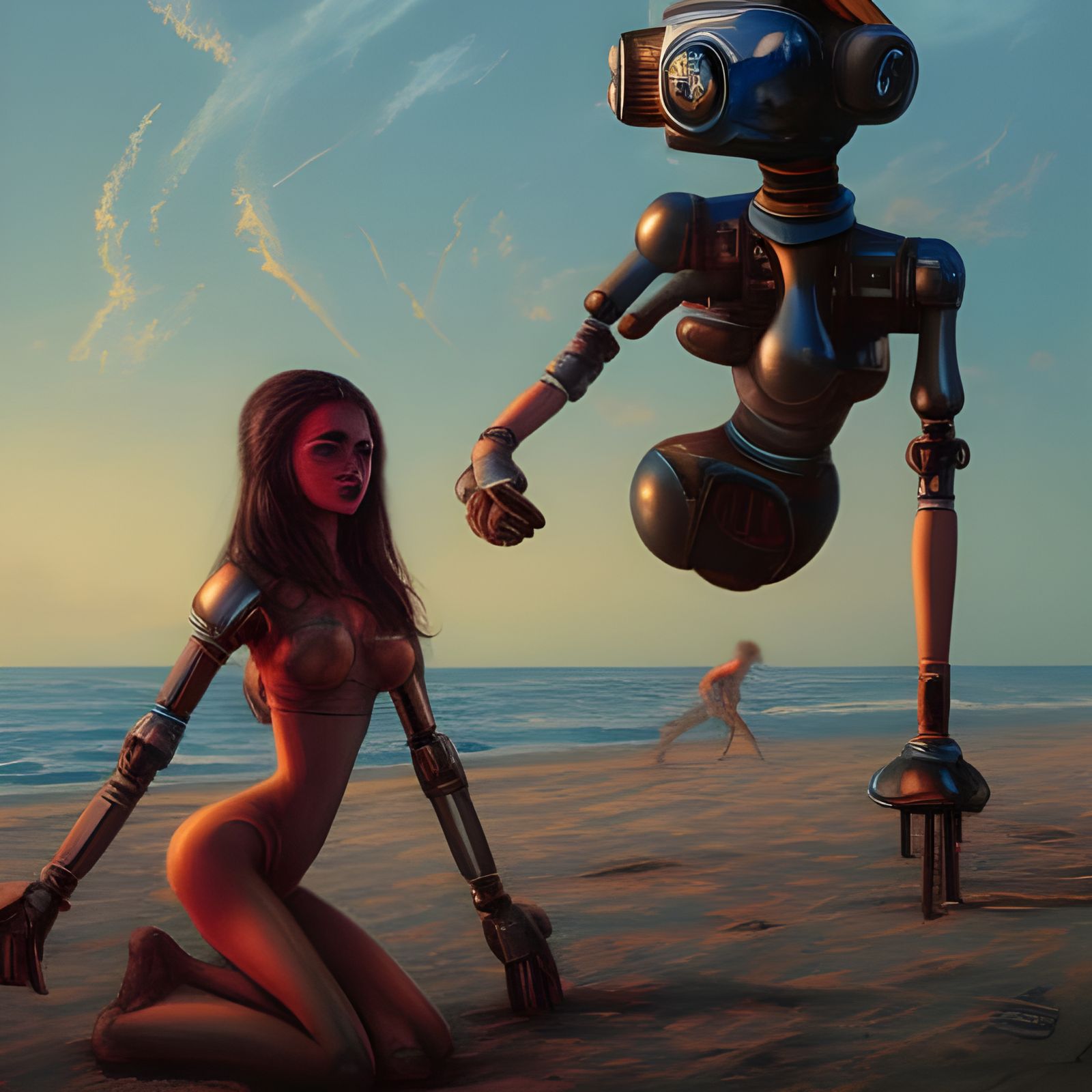 Robot Girl on Beach in Robert Crumb Style