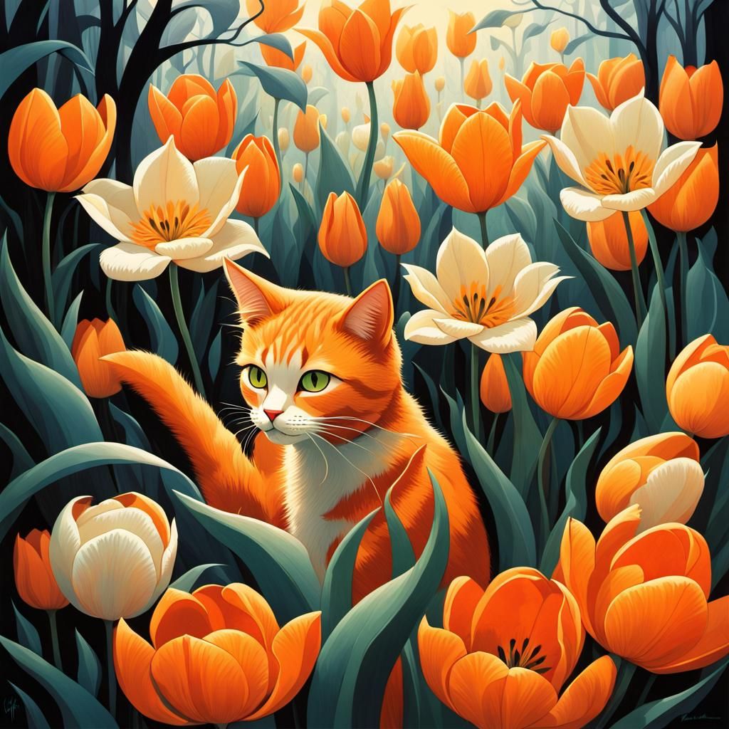 Orange Tabby Cat in Ethereal Tulip Garden