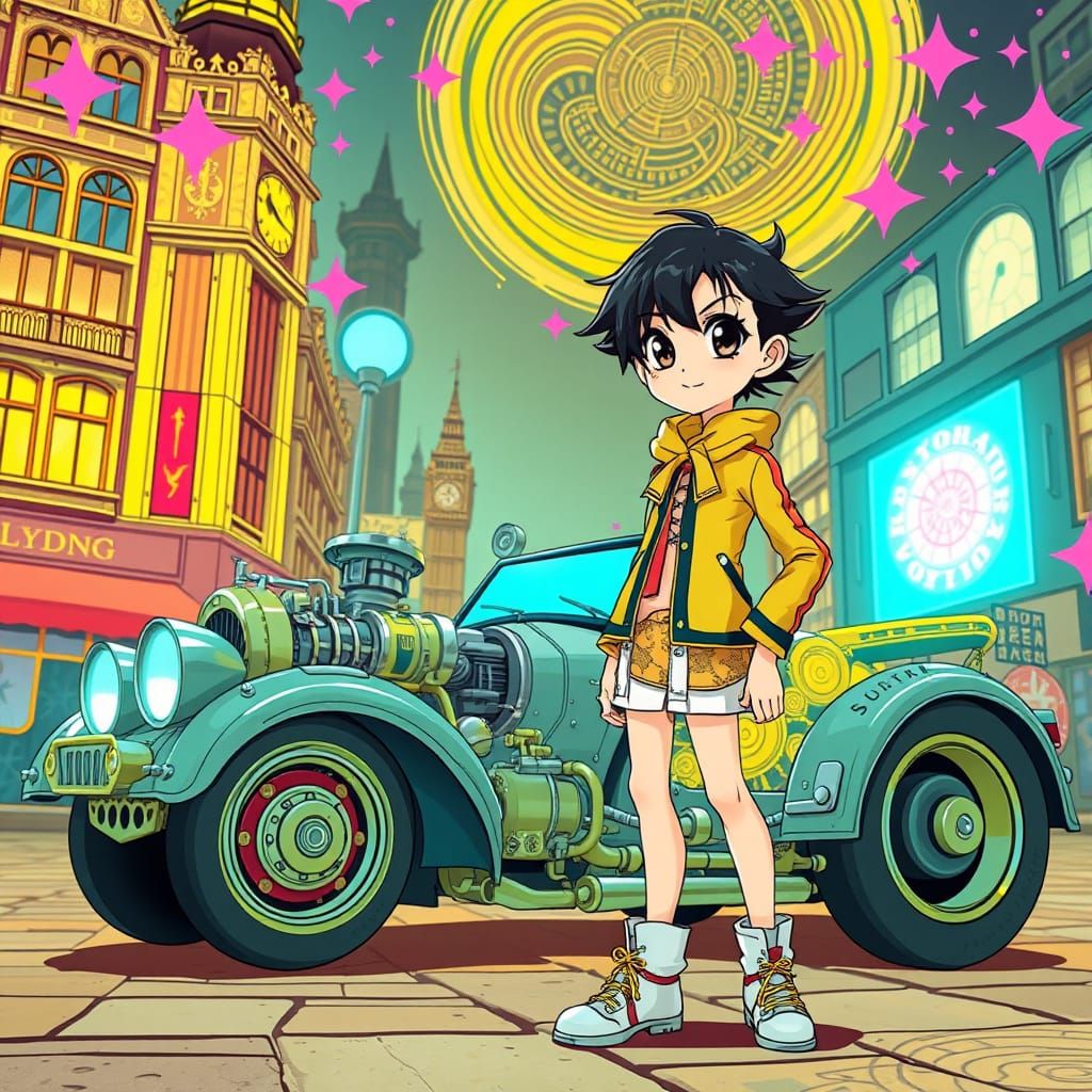 Anime Character and Steampunk Car in London