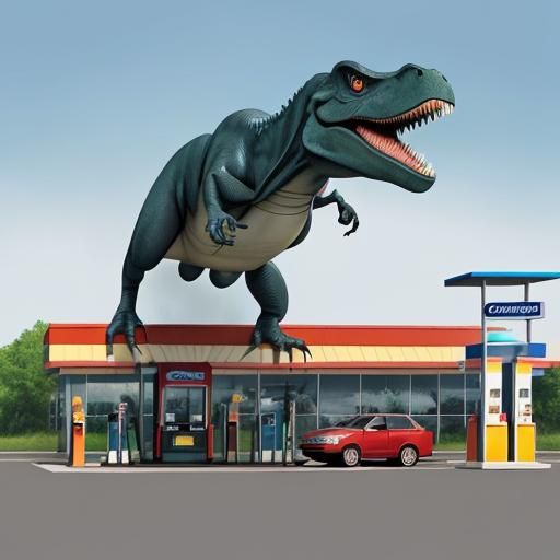 Cartoon T-Rex at Gas Station