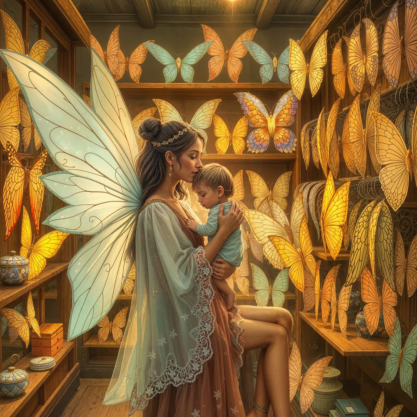 Fairy and Baby Choose Wings in Whimsical Shop