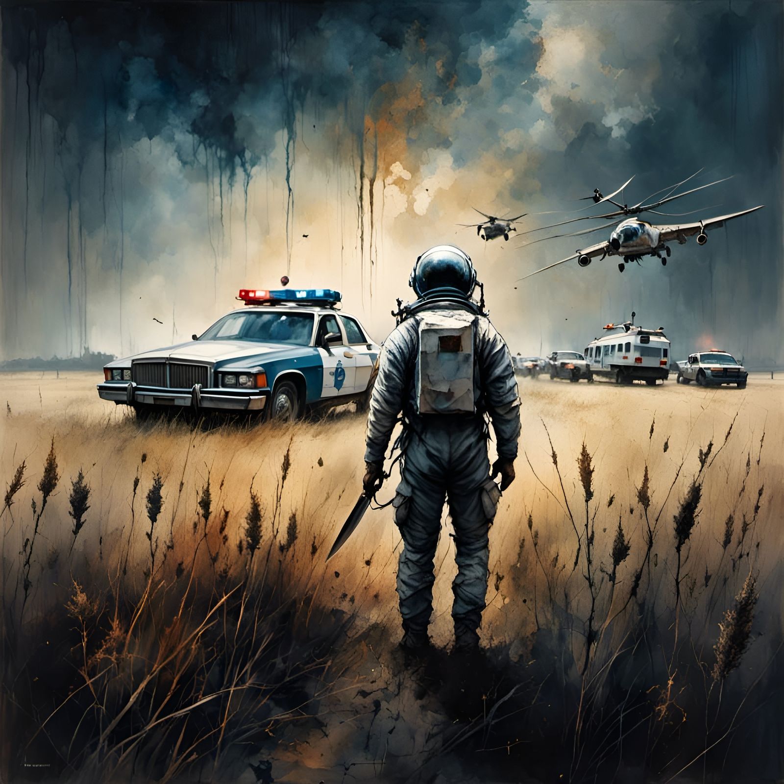 Astronaut with Knife Confrontation in Field