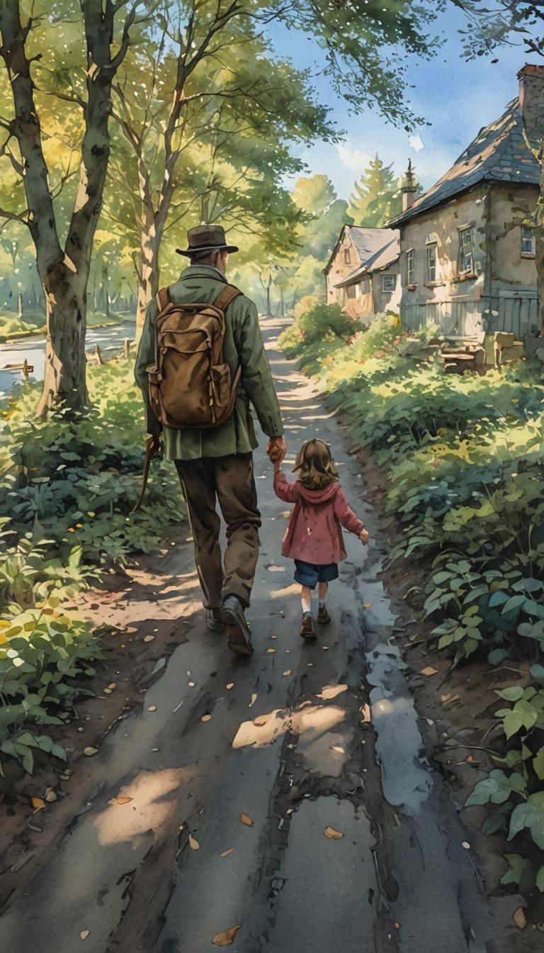 Father and Daughter in Whimsical Watercolor Forest