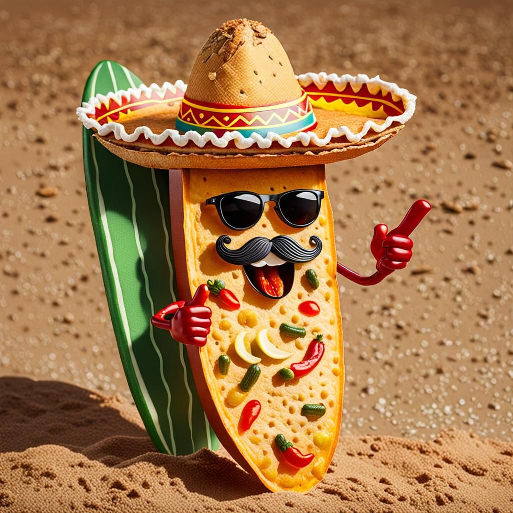 Chili Pepper Surfer Rides a Taco