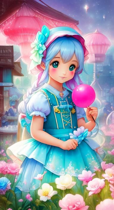 Girl with Turquoise Balloons in Watercolor Style