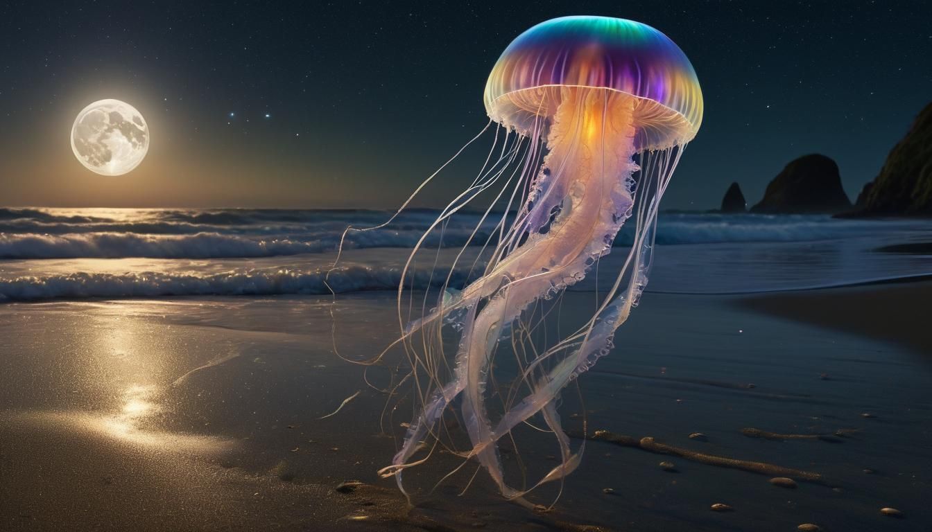 Jellyfish Moonrise Over Cannon Beach in Fantasy Style